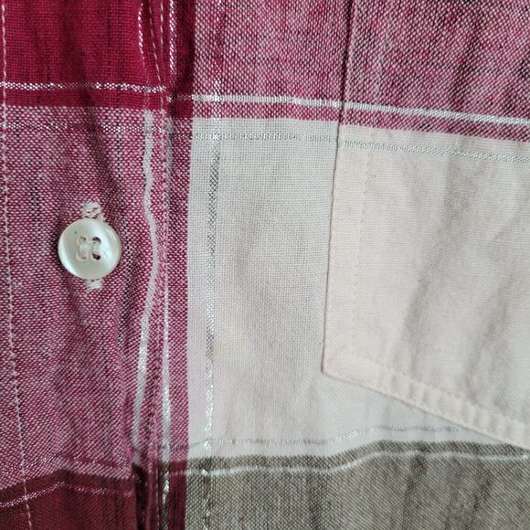 Vintage 90s Cotton Brown Cream Pink Checks Metallic Thread Button Down Shirt - Picture 7 of 7